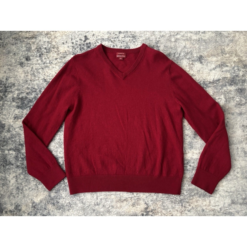 Merona Sweater Womens‎ XL Red 100% Merino Wool V Neck Pullover Knit Soft